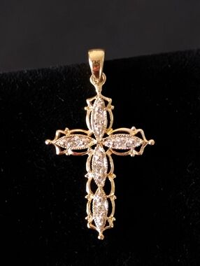 Vintage 10k Diamond Filigree Two-Tone Cross Pendant